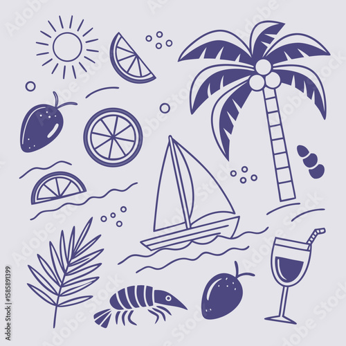Fun and modern hand-drawn tropical island design with palm trees, fruity drinks, and boats. Seamless summer vacation pattern perfect for surface design, packaging, and seasonal branding.

