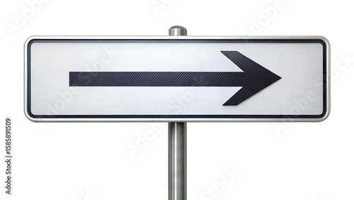 Photo of a white directional sign with a black arrow points right isolated on transparent background