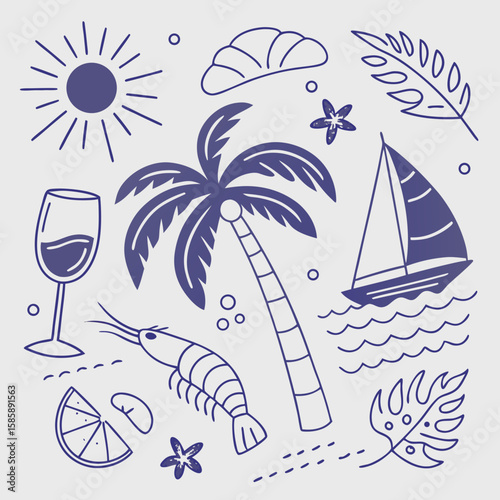 Trendy summer icons in a pastel purple aesthetic with sailing boats, cocktails, and palm trees. Hand-drawn tropical island scene in line art perfect for seamless patterns and product designs.

