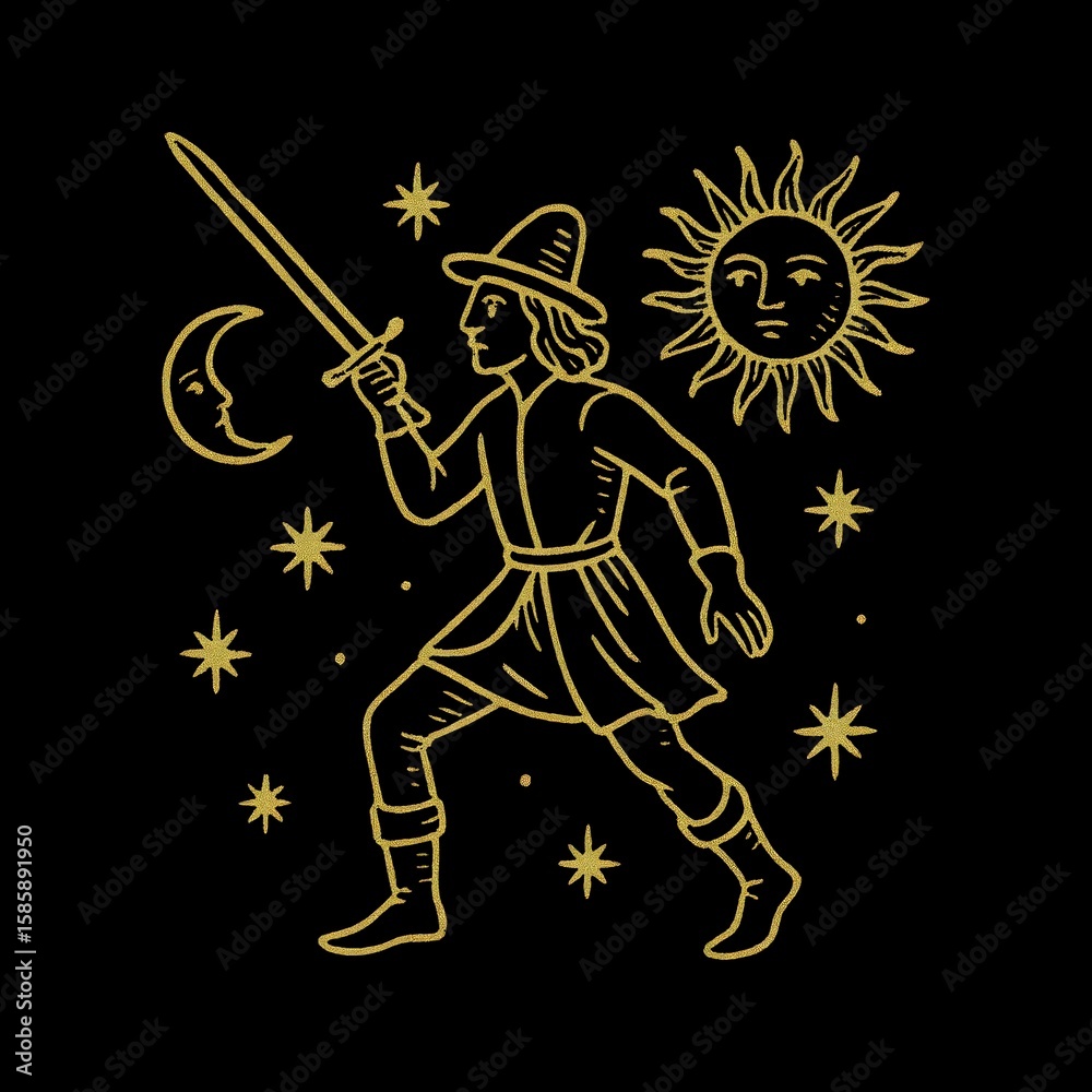 Fototapeta premium Whimsical celestial medieval swordplay