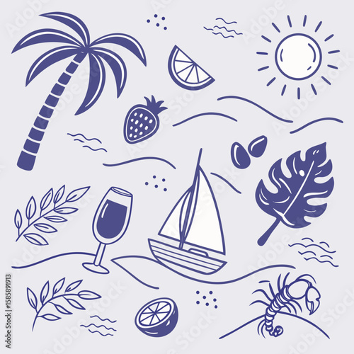 Fun and festive tropical seamless pattern featuring cocktails, sailing boats, palm leaves, and fruits. Playful hand-drawn vacation elements in outline style for summer-themed design projects.

