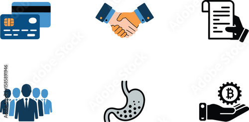 Six Simple Business and Finance Icons Credit Card, Handshake, Receipt