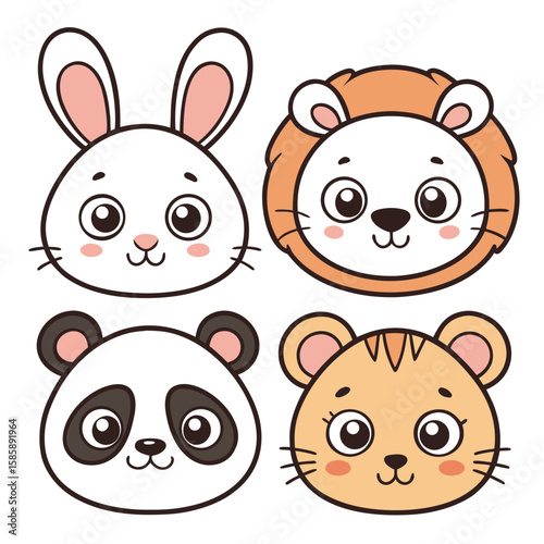 Adorable cartoon animal faces bunny lion panda tiger vector