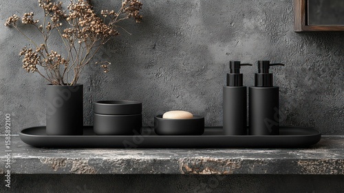 Black bathroom accessories set on gray tray