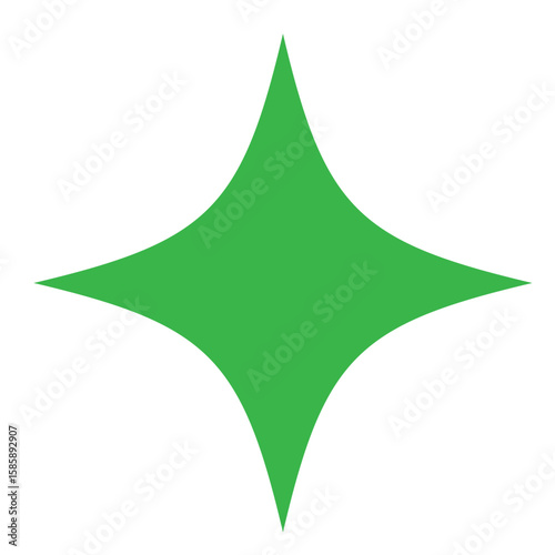 Green four-pointed star with curved sides on white background. Minimalist geometric shape design element for branding and decoration