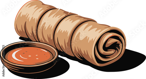 Lumpia Zen:  Aromatic Filipino Spring Roll with Spicy Dipping Sauce, Minimalist Style, Warm Mood, Food Photography.