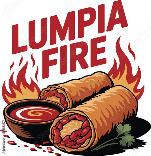 Spicy Lumpia Fire:  Flaming Hot Filipino Spring Rolls with Dipping Sauce, Vintage Style Illustration