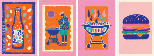 Bold abstract BBQ vector with colourful burger, grill and summer food vibes