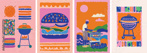 Bold abstract BBQ vector with colourful burger, grill and summer food vibes