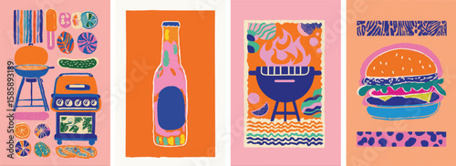 Bold abstract BBQ vector with colourful burger, grill and summer food vibes