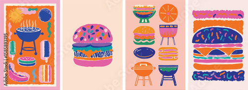 Bold abstract BBQ vector with colourful burger, grill and summer food vibes