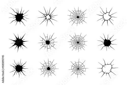 Bullet hole impact marks with cracked glass effect, Transparent Background