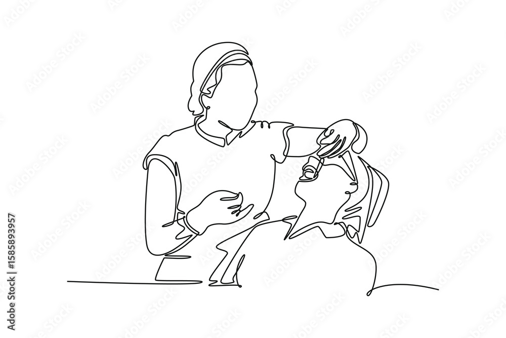 Obraz premium A female dentist with a young girl patient. Medical concept. Single line draw design. Vector graphic illustration