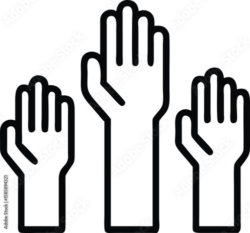 Raised hands line art illustration of democratic participation, vote concept, or volunteering