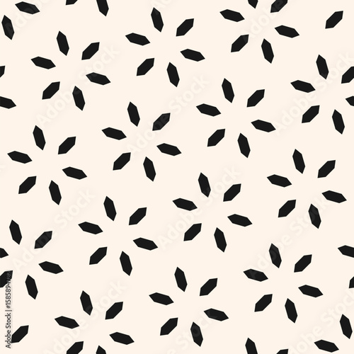 Vector floral minimalist seamless pattern. Abstract monochrome geometric ornament with flowers in oriental style, diamonds, stars in diagonal grid. Simple black and white background. Repeated design