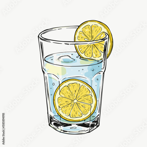 Fresh lemonade in glass with lemon slices on white background  