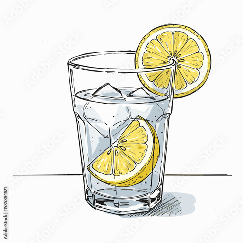 Glass of water with lemon slice and ice cubes on white background  
