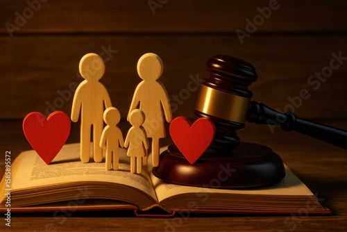 Legal Family Protection Concept Wooden Figures Gavel on Law Book Warm Lighting Emotional Scene