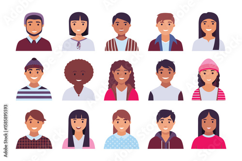 Unified Faces: A collection of diverse avatars with happy and friendly expressions, representing different ethnicities, genders, and backgrounds, ideal for depicting unity, harmony, and inclusion.