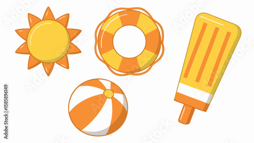 Set of cartoon summer beach vacation icons including sun lifebuoy beach ball and popsicle