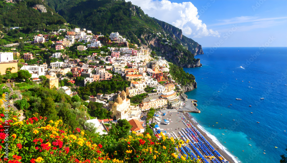 Naklejka premium Picturesque Amalfi Coast Town with Colorful Buildings and Beach