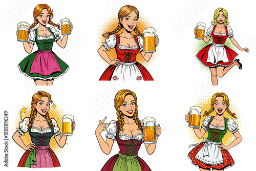 Set of girls in traditional dirndl dresses holding beer mugs  