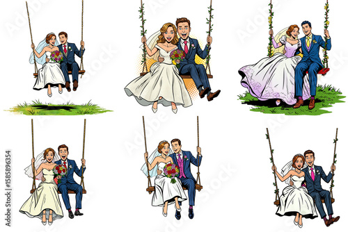 Set of couples celebrating a wedding on a swing in different funny poses
