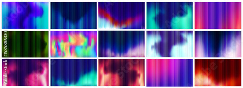 Glass gradient fractal background with neon light effect and ribbed pattern. Abstract vertical design in vibrant purple and green color spectrum. Modern geometric prism with chromatic aberration.