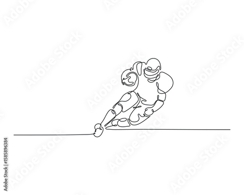 Continuous one line drawing of a football tackle moment. Two players in action, captured in minimalist outline style. Perfect for sports vector illustrations and posters.