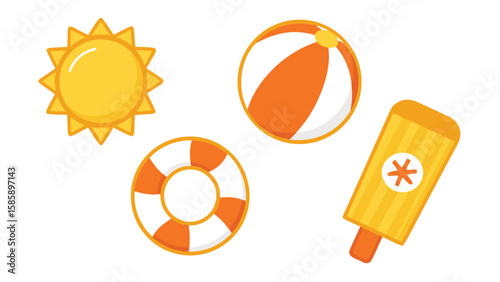 Bright summer icons featuring sun beach ball life buoy and popsicle