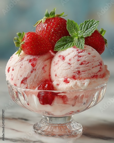 Abundant Strawberry Ice Cream in Glass Bowl with Fresh Berries and Mint