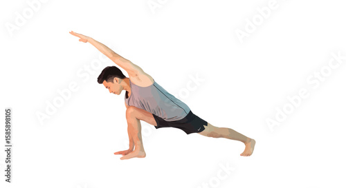 Athletic man in a grey tank top performing a deep lunge with a side twist stretch.