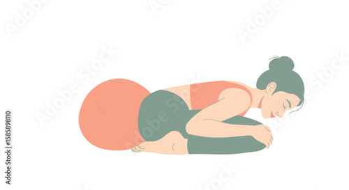 Calm woman in a restorative yoga pose, curled forward with a large orange stability ball. Minimalist vector illustration.