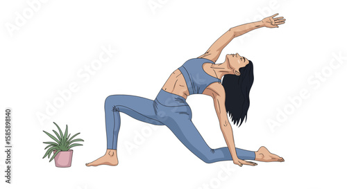 Athletic woman with long dark hair in a blue outfit practicing a graceful yoga side bend.