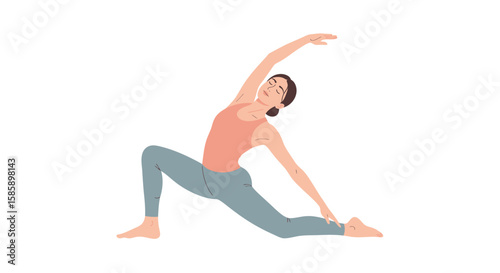 Calm woman in a pink tank top and blue leggings performing a side bend lunge yoga pose with closed eyes.