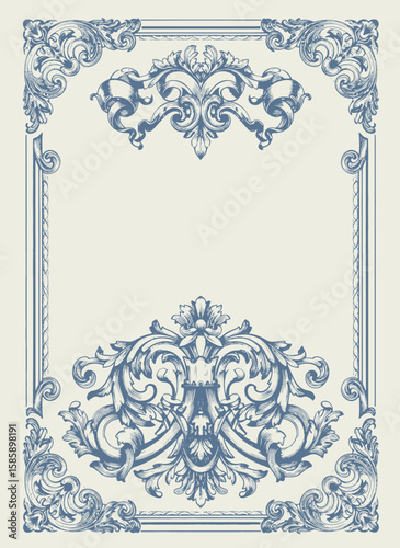 Vintage Baroque Victorian frame border flower pattern vector floral engraved scroll ornament leaf retro decorative design. filigree calligraphic heraldic shield swirl