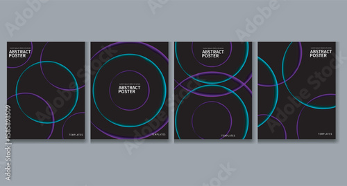  Set of four dark abstract posters featuring neon purple and cyan circular line art. Ideal for modern wall art, flyers, brochures, covers, and web banners with a sleek, futuristic aesthetic.