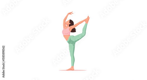 Slender woman in a graceful standing bow yoga pose, wearing pink and green sportswear.