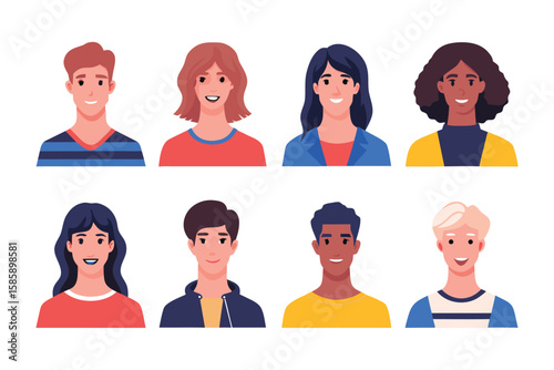 Diverse Portraits of Smiles: Capturing the beauty of human diversity, a collection of illustrated portraits showcases a spectrum of individuals, each radiating genuine warmth and happiness. 