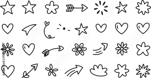 Floral alphabet vector set with decorative seamless patterns, hand-drawn elements, and black silhouette illustrations