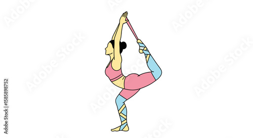 Woman in colorful activewear performing the Lord of the Dance yoga pose with a strap.