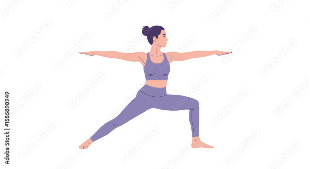 Woman in Warrior II Yoga Pose, Lavender Activewear, Side Profile Woman in Warrior II Yoga Pose, Lavender Activewear, Side Profile