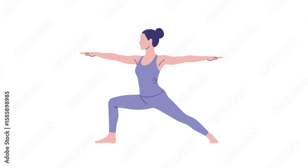 Fototapeta premium Woman in Warrior II Yoga Pose, Wearing Lavender Outfit, Facing Left