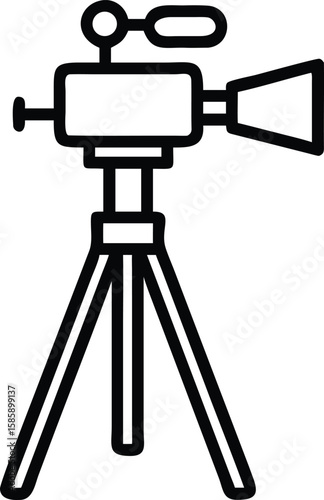 Retro television camera on a tripod in a line art style design