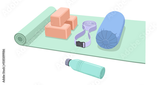 Yoga and Pilates equipment set with mat, blocks, bolster, strap, and water bottle.
