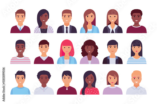 Diverse Avatar Collection: A collection of stylized avatars showcases a diverse range of individuals, each with unique hairstyles, expressions, and skin tones.