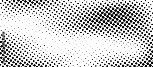 Hexagon halftone gradient texture. Abstract black grunge background. Geometric retro halftone tech overlay. Fading wavy hexagonal pattern backdrop. Vector