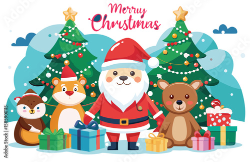 Merry christmas with santa claus and cute animal friends