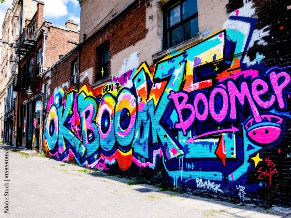 Fototapeta premium Vibrant graffiti mural featuring a Gen Z person with colorful urban street art style