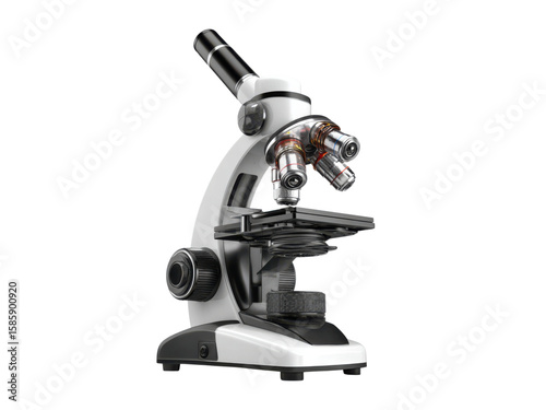 White laboratory microscope with multiple lenses and black accents scientific research, Isolated, Transparent Png